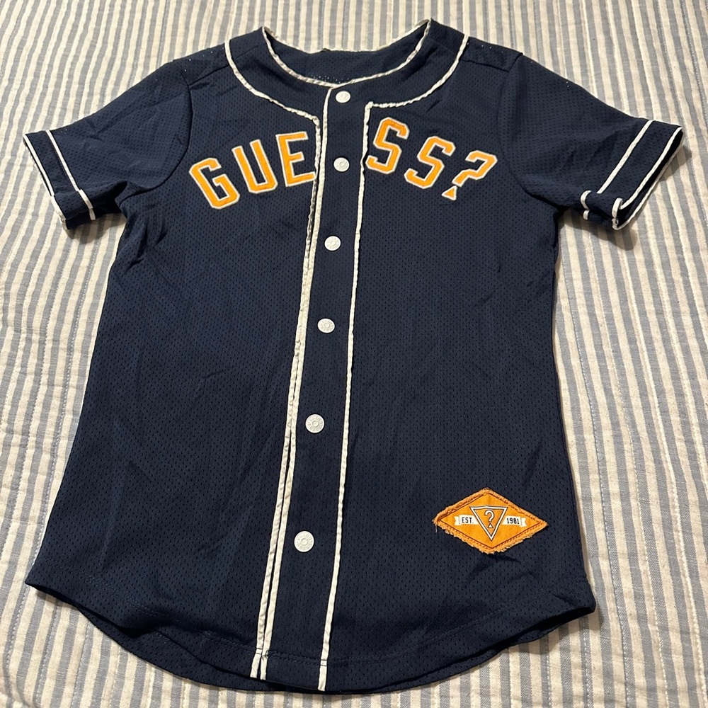 Guess Kids Navy Blue‎ Mesh Baseball Jersey Snap Front Yellow Logo Sporty Top
